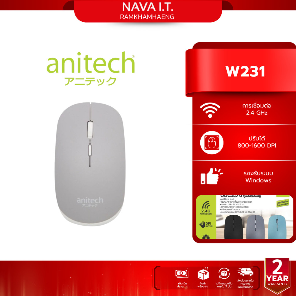 ANITECH W231 GRAY WIRELESS MOUSE 2.4GHz เมาส์ไร้สาย รับประกัน 2 ปี