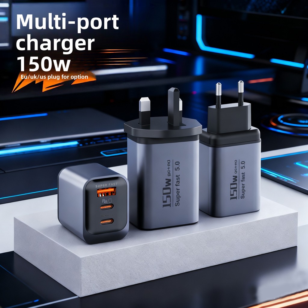 หัวชาร์จแบบเต็มโปรโตคอล 150W USB + ที่ชาร์จเร็วอัจฉริยะหลายพอร์ต PD คู่ ยุโรป อเมริกา และเครื่องชาร์จโทรศัพท์มือถือ type-C มาตรฐาน UK