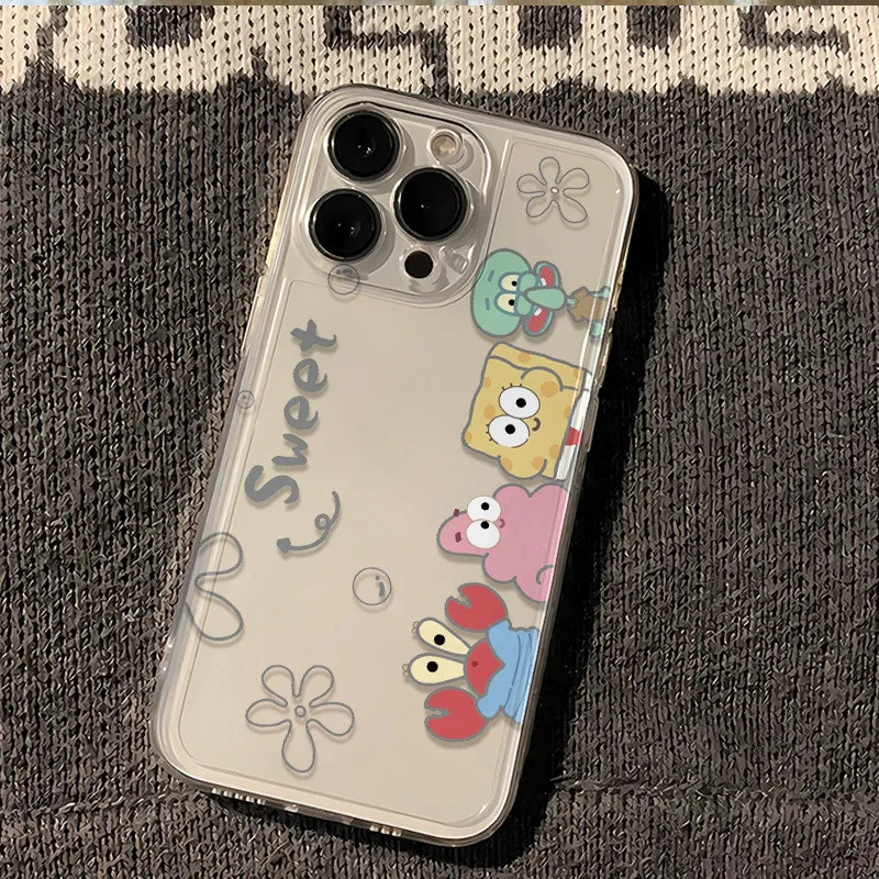 โปร่งใสโปร่งใสรวมทุกอย่างป้องกันนุ่มทนทานป้องกันกรณีน่ารัก SpongeBob SquarePants ใช้งานร่วมกับ iPhone 13PROMAX 16 17 15 14 12 11 PRO MAX 7PLUS 15PLUS XR XS MAX 16PLUS 17