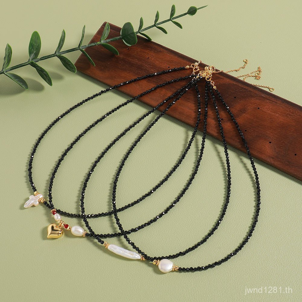 จี้คริสตัลธรรมชาติ Clavicle จี้น้ําจืดคอ Love สร้อยคอสีดํา 925 Feel High-End แฟชั่น Silver Pearl Bea
