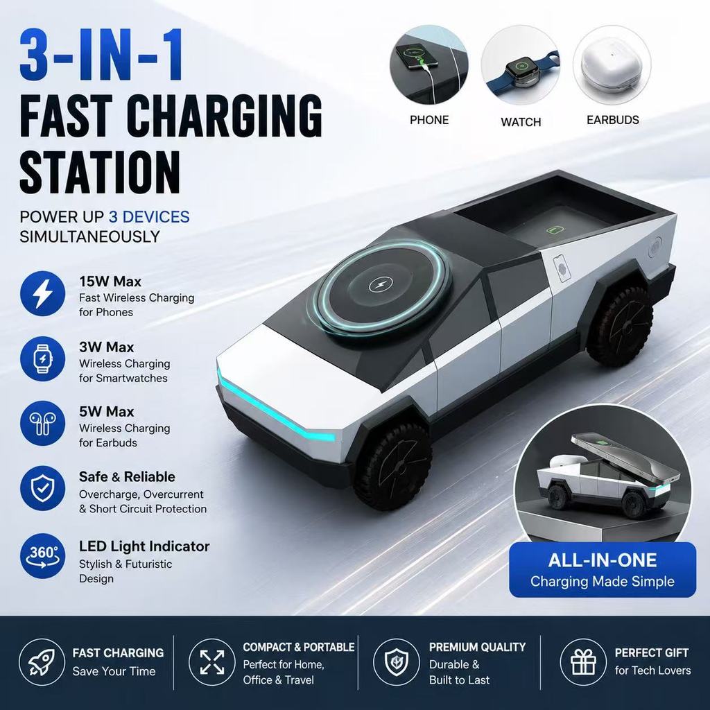 เดสก์ท็อป Cybertruck 3 in 1 Magnetic Fast Wireless Charger ขาตั้งโทรศัพท์สําหรับ IPhone 17-12 Pro Max Apple และ Samsung Watch Airpods Pro