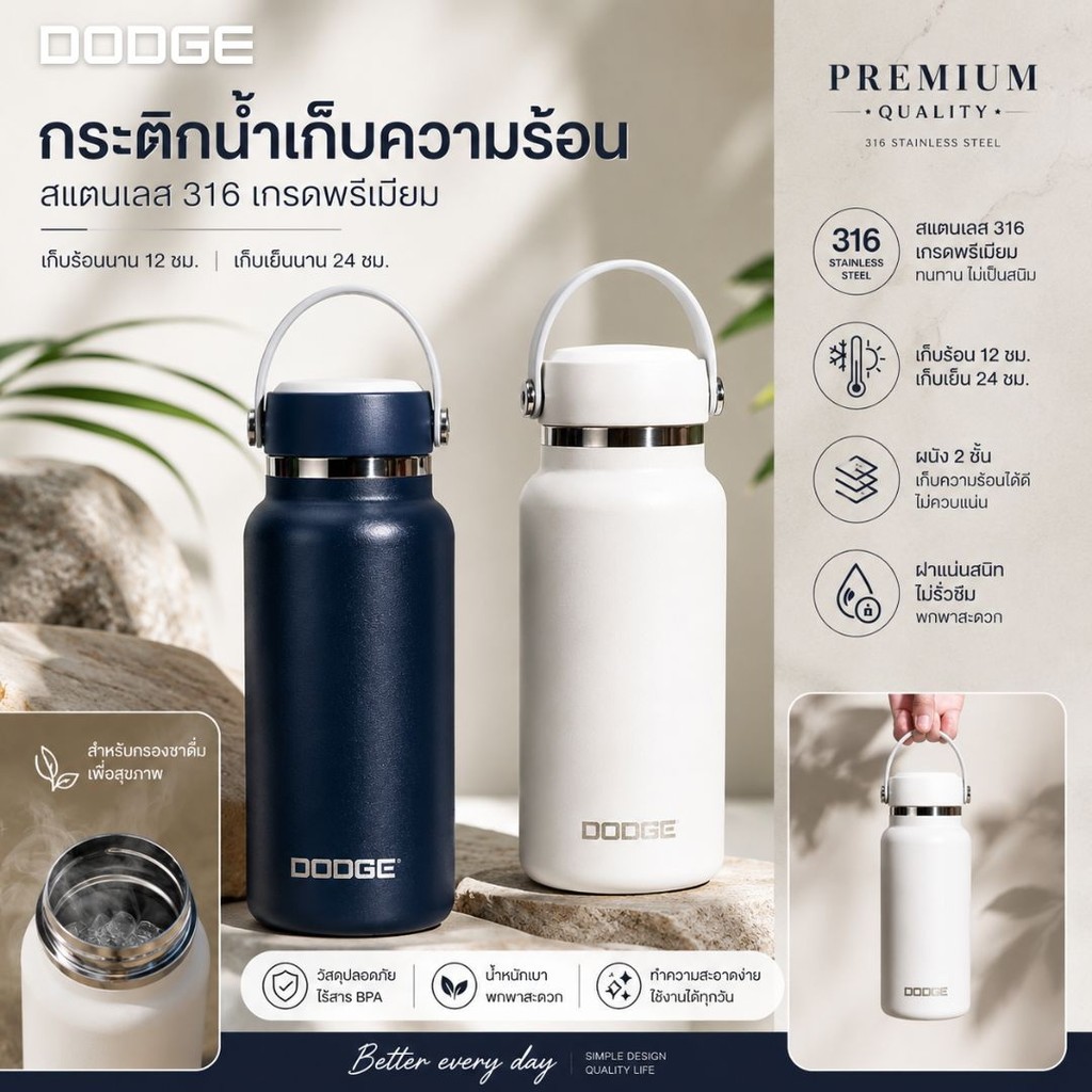 DODGE กระบอกน้ำสแตนเลสแบบเทดื่ม 750ml / 1000ml เก็บร้อนเย็น มีหูหิ้ว ฝาปิดแน่น สีมินิมอล