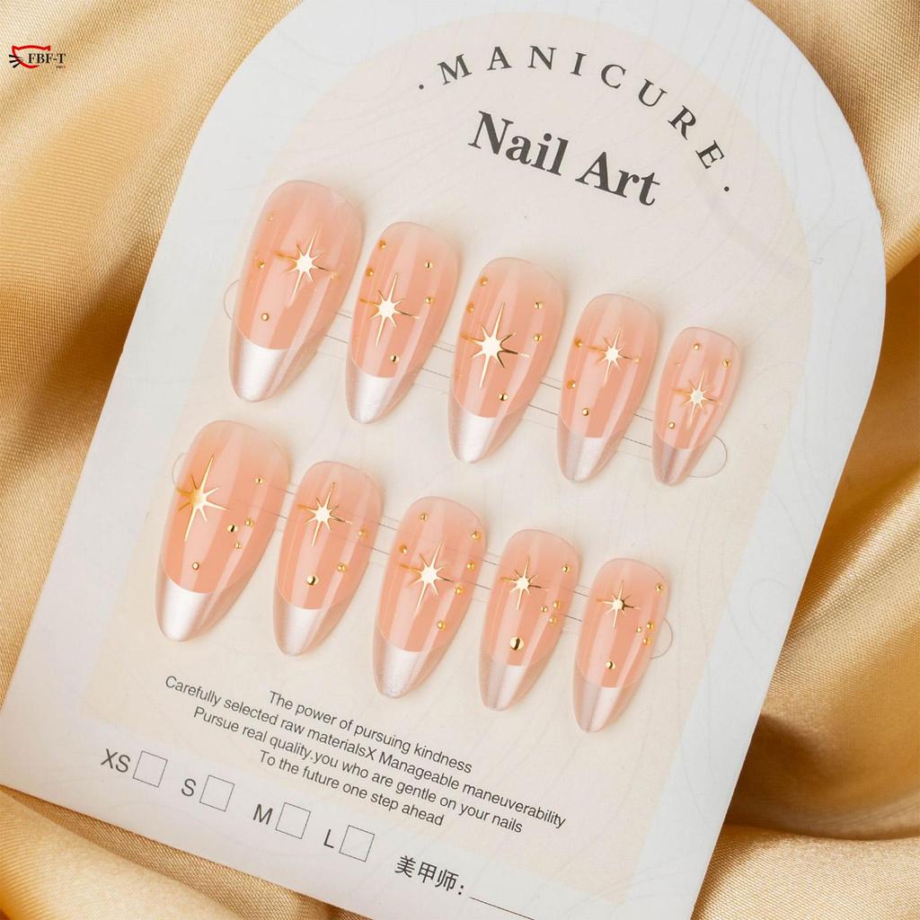 Golden Starry French Cat-Eye Almond เล็บปลอม 24 ชิ้นดีไซน์หรูหราสําหรับผู้หญิง