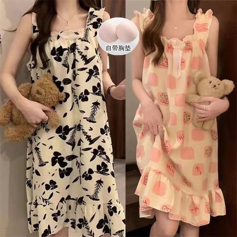 新款吊带睡衣夏季自带胸垫睡裙女无袖ins纯欲清凉中长款居家睡裙Fuyang Princess style sleepwear with lace and sweet camisole, girls' 