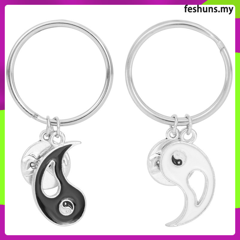 พวงกุญแจคู่สแตนเลส 1 คู่ Yin Yang Cat Splicing จี้เงินสําหรับบ้าน
