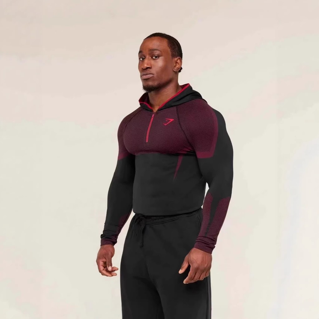 GYMSHARK Fitness Long-Sleeved Mens Hooded Bottoming Shirt ONYX5.0 Muscle Shark Goat Agate เสื้อยืดยื
