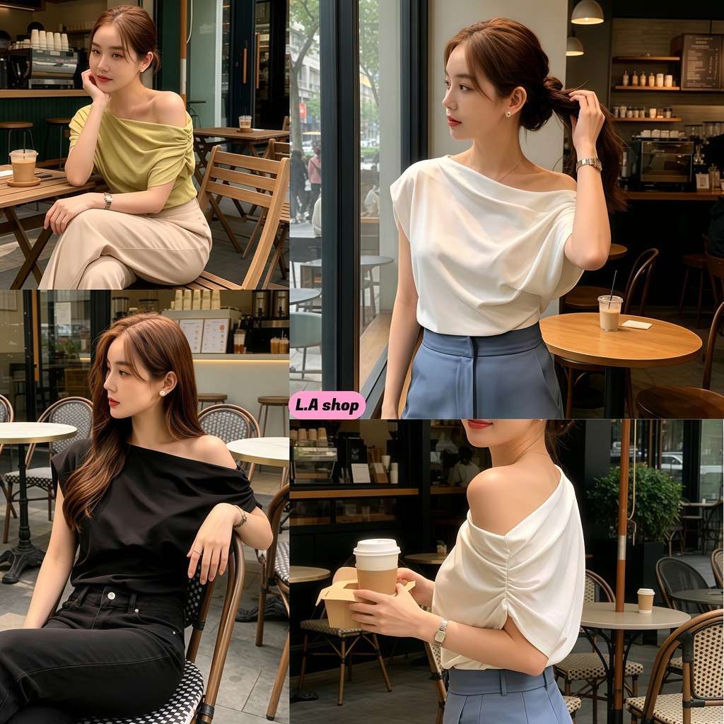 L.A Shop★พร้อมส่ง เสื้อเปิดไหล่สไตล์เกาหลี ครอปแขนสั้น เข้ารูปสวยหรู  ผ้าซาตินเนียนลื่น -FYP13