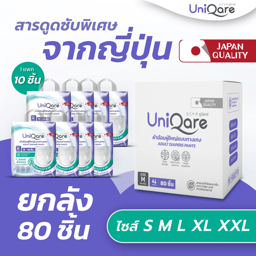 Uniqare ผ้าอ้อมผู้ใหญ่ แบบกางเกง กล่อง 80 ชิ้น นุ่มสบาย ซึมซับสูงสุด 1000 ซีซี ไซส์ S, M, L, XL, XXL