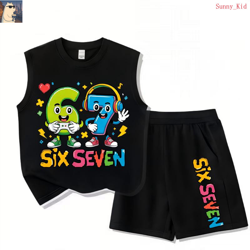 【Sunny】เซ็ตชุดเด็ก เสื้อ+กางเกง วัน ชุดเด็ก SIX SEVEN 2 ชิ้น | เสื้อไม่มีแขนคอตตอน+กางเกงขาสั้น ลายเกมส์น่า