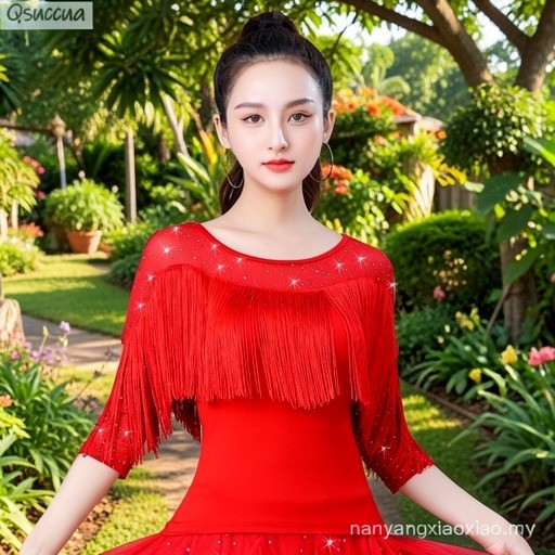 Qsuccua ผู้ใหญ่สุภาพสตรี Latin Ballroom Dance ตาข่ายรอบคอ Sequined พู่ Top Practice Performance 9HMB