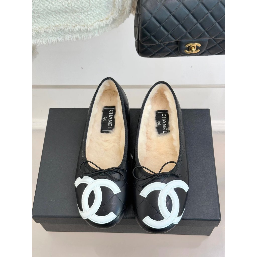 CHANEL CHANEL Classic Medieval Wool Rhombus Bow รองเท้าบัลเล่ต์/รองเท้าแบน