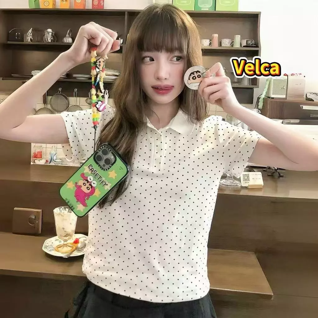 Velca🎀 ส่งไวจากไทย ปัก เสื้อยืดแขนสั้นคอปก เสื้อคอปกกระดุมหน้า ผ้านิ่ม ใส่บาย รวมเสื้อลายจุด