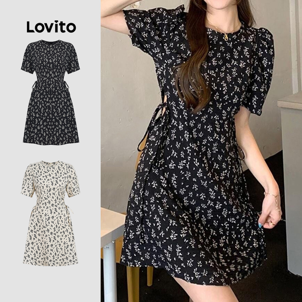 Lovito ชุดเดรสผู้หญิง ลายดอกไม้ แต่งเชือกผูกด้านหน้า สไตล์น่ารัก L102AD303