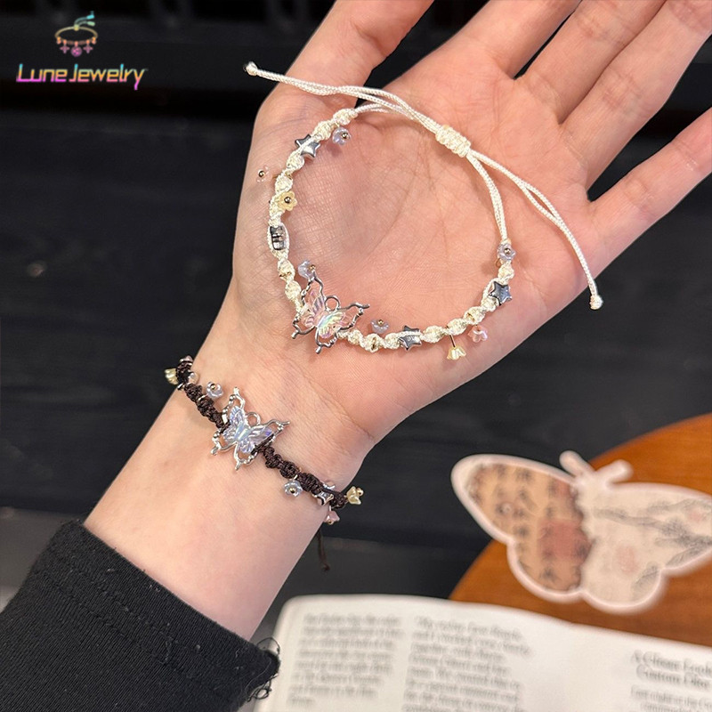 COD กำไลข้อมือทำมือสุดน่ารัก ประดับด้วยจี้รูปผีเสื้อและดอกไม้หลากสี เหมาะสำหรับคู่รักและเพื่อนสนิท-Lune