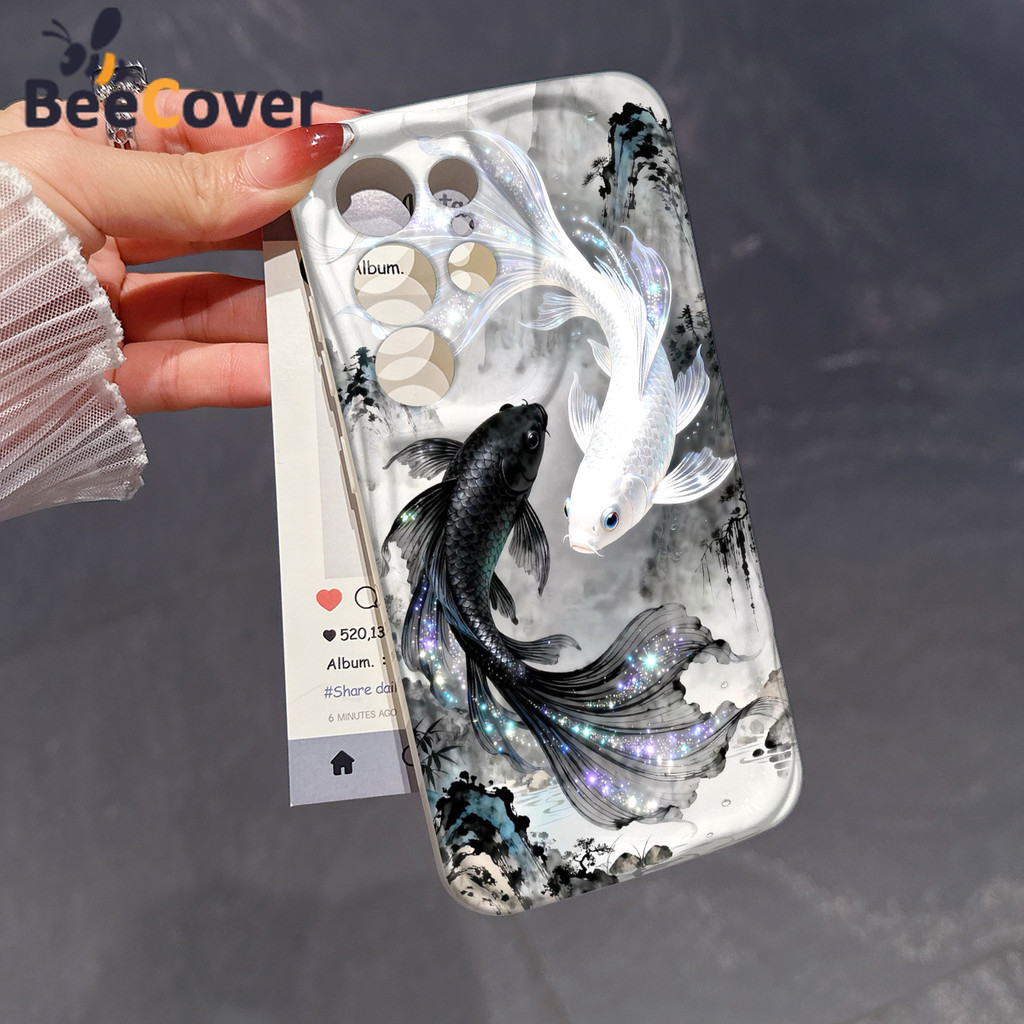 สีดําและสีขาว Koi สําหรับ OPPO A15 A16 A17 A31 A3S A53 A55 A57 A5S A12 A74 A76 A78 A92 A9 A93 A94 A9