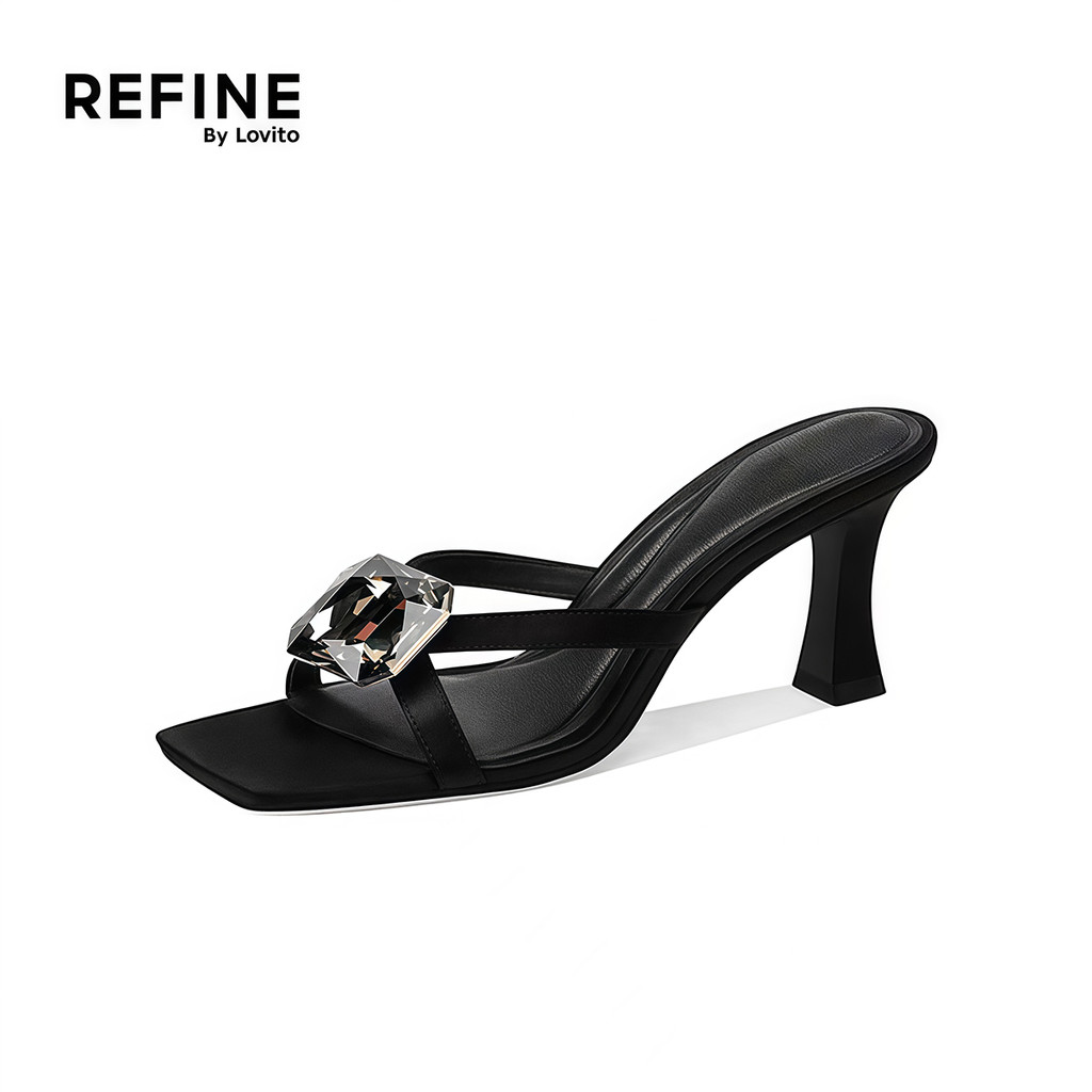 (Refine by Lovito)  รองเท้าส้นสูงประดับเพชรหรูหรา ดีไซน์สีดําสําหรับสุภาพสตรี LR34E031