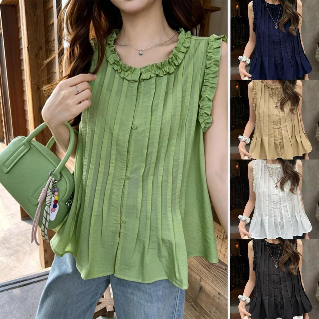 Chili Koko เสื้อผ้าคอตตอนแต่งเกล็ดหน้า น่ารัก สำหรับผู้หญิง สวย คอทรงกลม ตกแต่งด้วยระบาย เสื้อแขนกุดทรงเอไลน์หลวมๆ W723