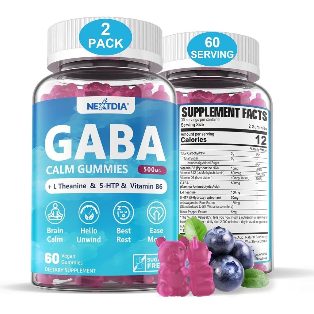 GABA Gummies 500 mg - กัมมี่ปราศจากน้ําตาลพร้อม L Theanine, 5-HTP, วิตามิน D3, B12, ,-ฟรีสําหรับสมอง