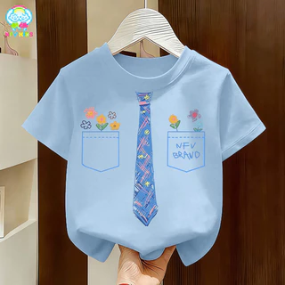 【ส่งจากกรุงเทพฯ】NFV KIDS เสื้อยืดแขนสั้นเด็ก✨ซึบซับเหงื่อ ระบายอากาศ ผ้าหนายับยากรีดง่าย ลายพิมพ์เนคไทสีน้ำเงิน YG1349