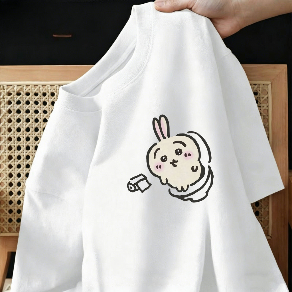 220G 100% CottonSI Baju เสื้อยืด Budak lelaki แขนสั้น, การออกแบบการ์ตูนกระต่าย, สไตล์ Kawaii, เหมาะส