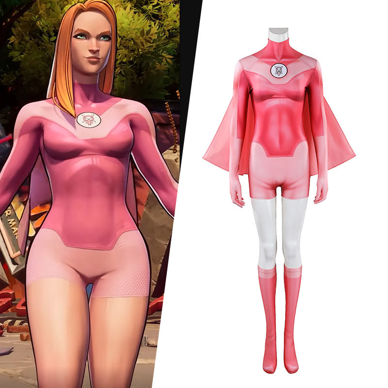 ชุดคอสเพลย์ Invincible Atom Eve สําหรับผู้หญิง:ชุดบอดี้สูทซูเปอร์ฮีโร่สีชมพูพร้อมเคปครบชุดสําหรับ Co