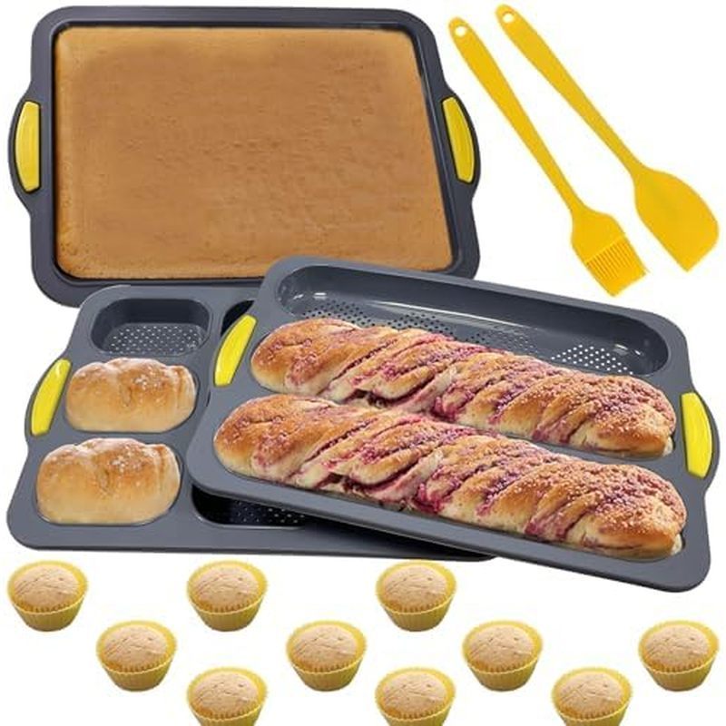 4-cavity Silicone Bread Loaf Pan, Nonstick Sourdough Loaf Pan & Heat Resistant Baguette Bread Pan, B