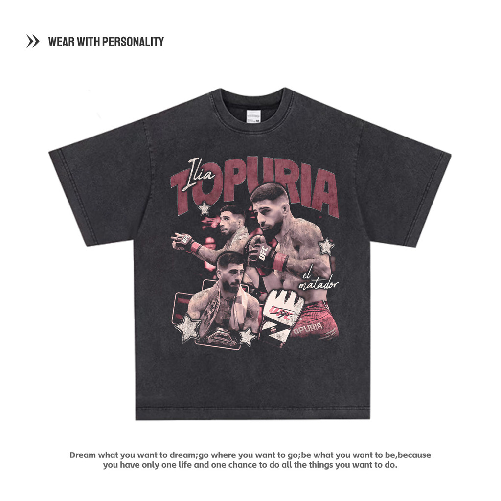 [มีสินค้า] เสื้อยืดวินเทจพิมพ์ลายแขนสั้นทรงหลวมสำหรับฝึกซ้อม UFC Hunter Ilia Topuria
