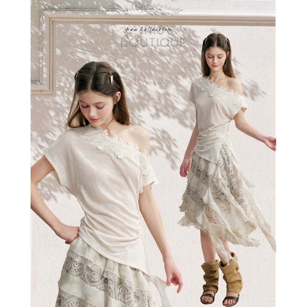 Original Design IRIS BOUTIQUE Trims series summer IS73891-IK19182 Fleur Drape Asymmetric Knit Top&Asymmetric Lace Skirt