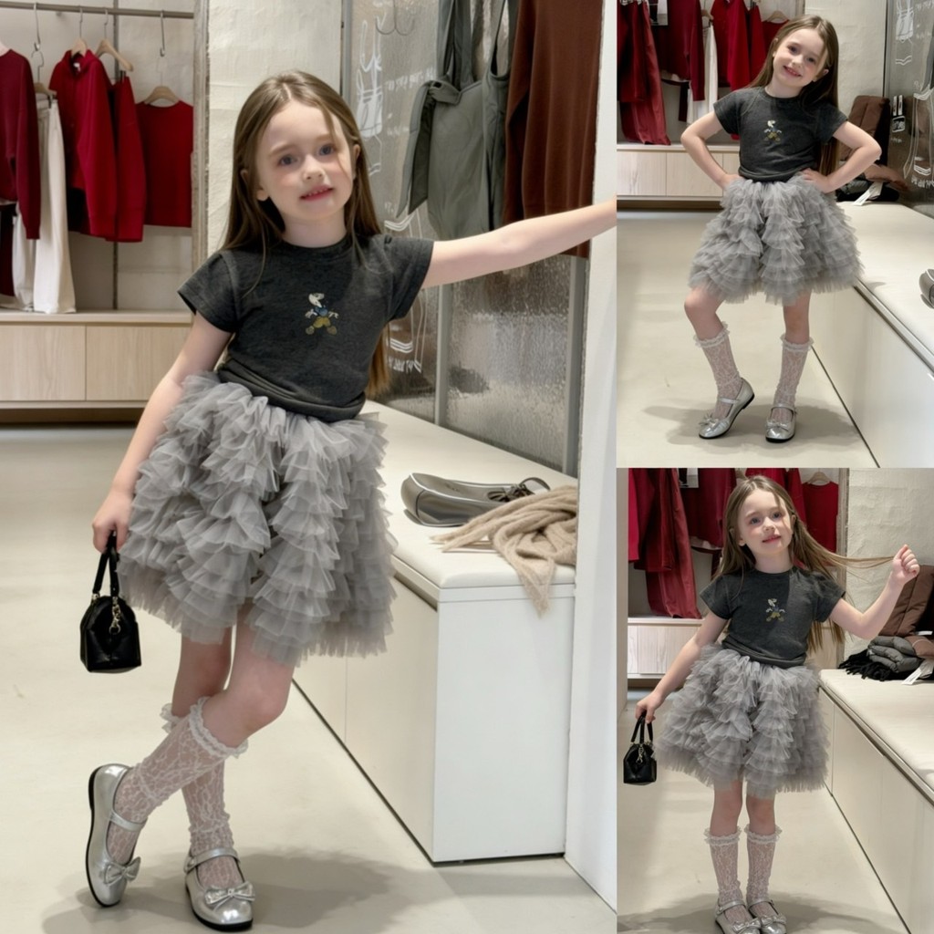 PRETTY BABY เสื้อยืดเด็ก เสื้อคอกลม ลายการ์ตูน กระโปรงฟรุ้งฟริ้ง มีซับกางเกง(2179)