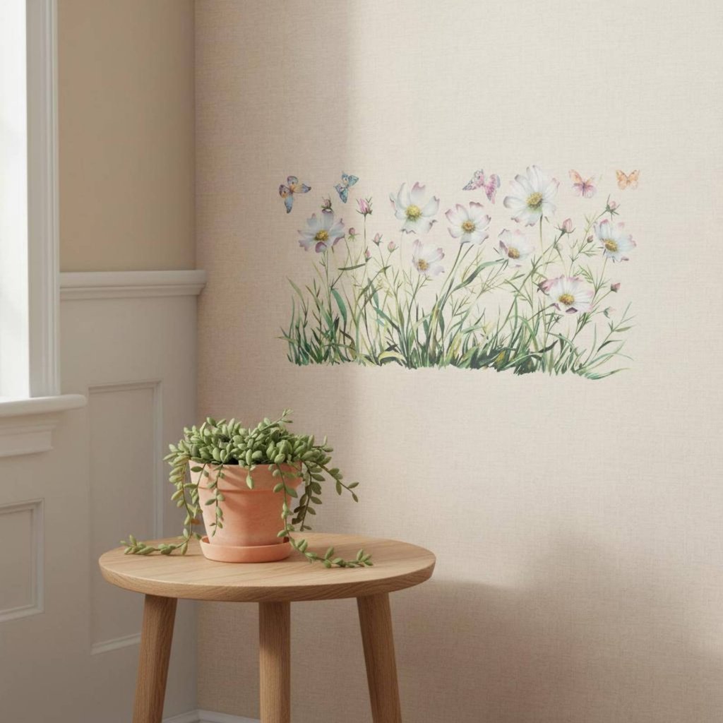 Self-Adhesive Cosmos Flower Wall Decal ที่ถอดออกได้หน้าต่างพฤกษศาสตร์ Cling การออกแบบสีน้ําสําหรับห้