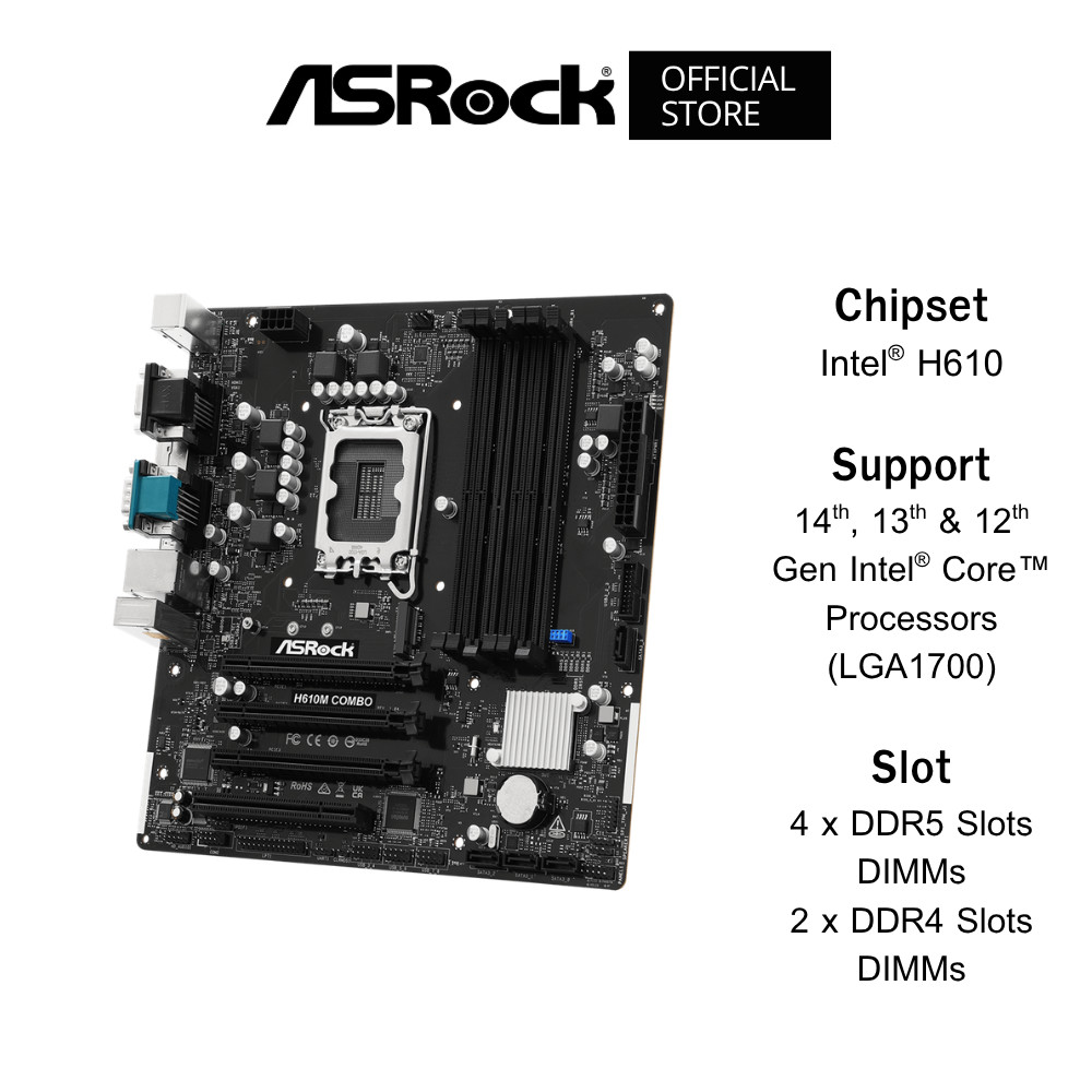 (No Box) ASROCK H610M COMBO Mainboard (เมนบอร์ด) Micro-ATX DDR5 14th, 13th & 12th Gen Intel® Core™ Processors (LGA1700)
