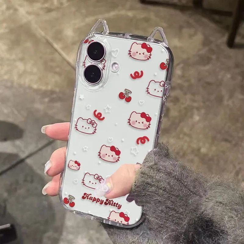 Transparent Cat Ears Cherry KT Cat for Xiaomi 15 Mobile Phone Case 17PRO Red Rice K90 Cartoon NOTE 1