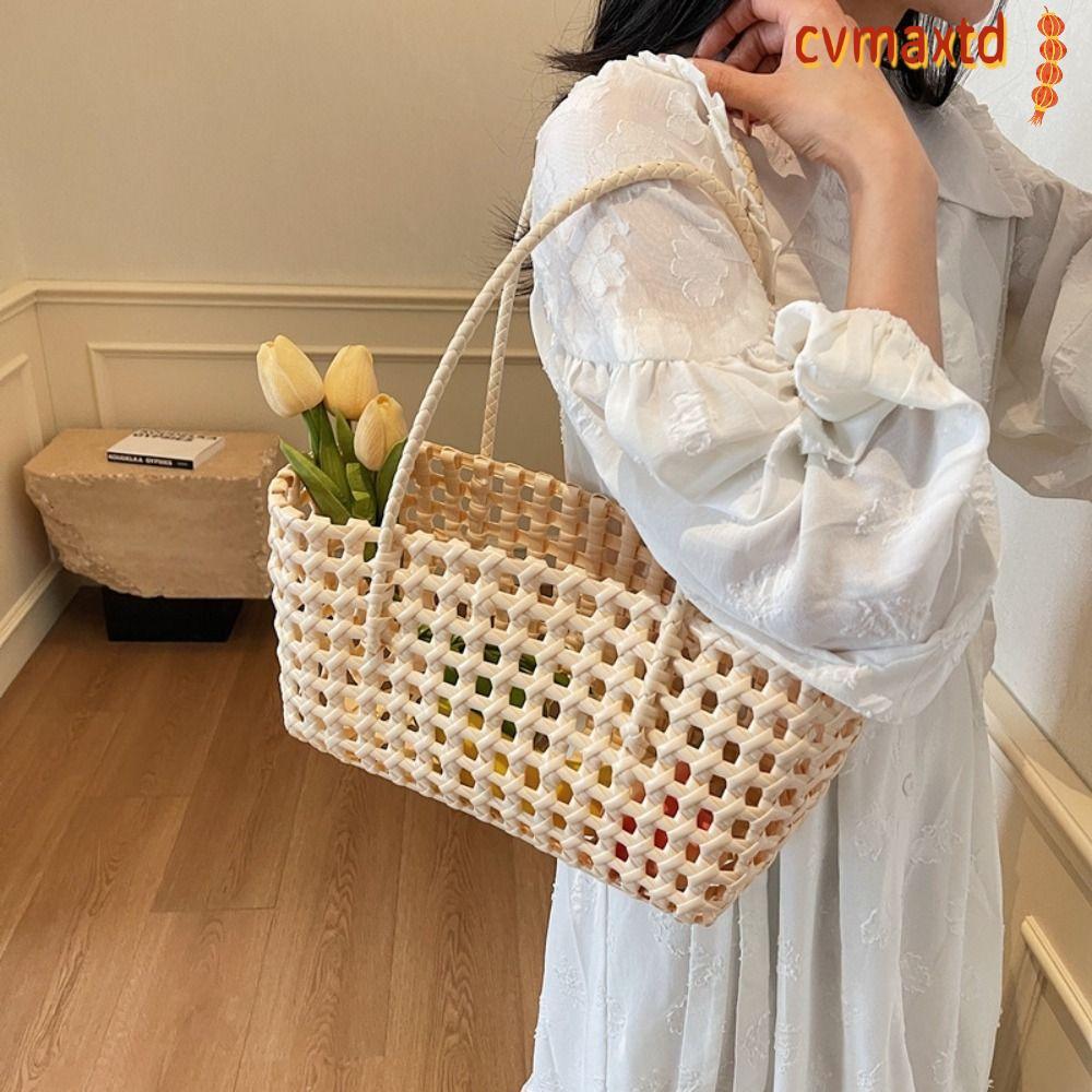 ICVMAX Tote Bag กระเป๋าสะพายไหล่ผู้หญิงทอความจุขนาดใหญ่กระเป๋าชายหาดสีทึบกลวง
