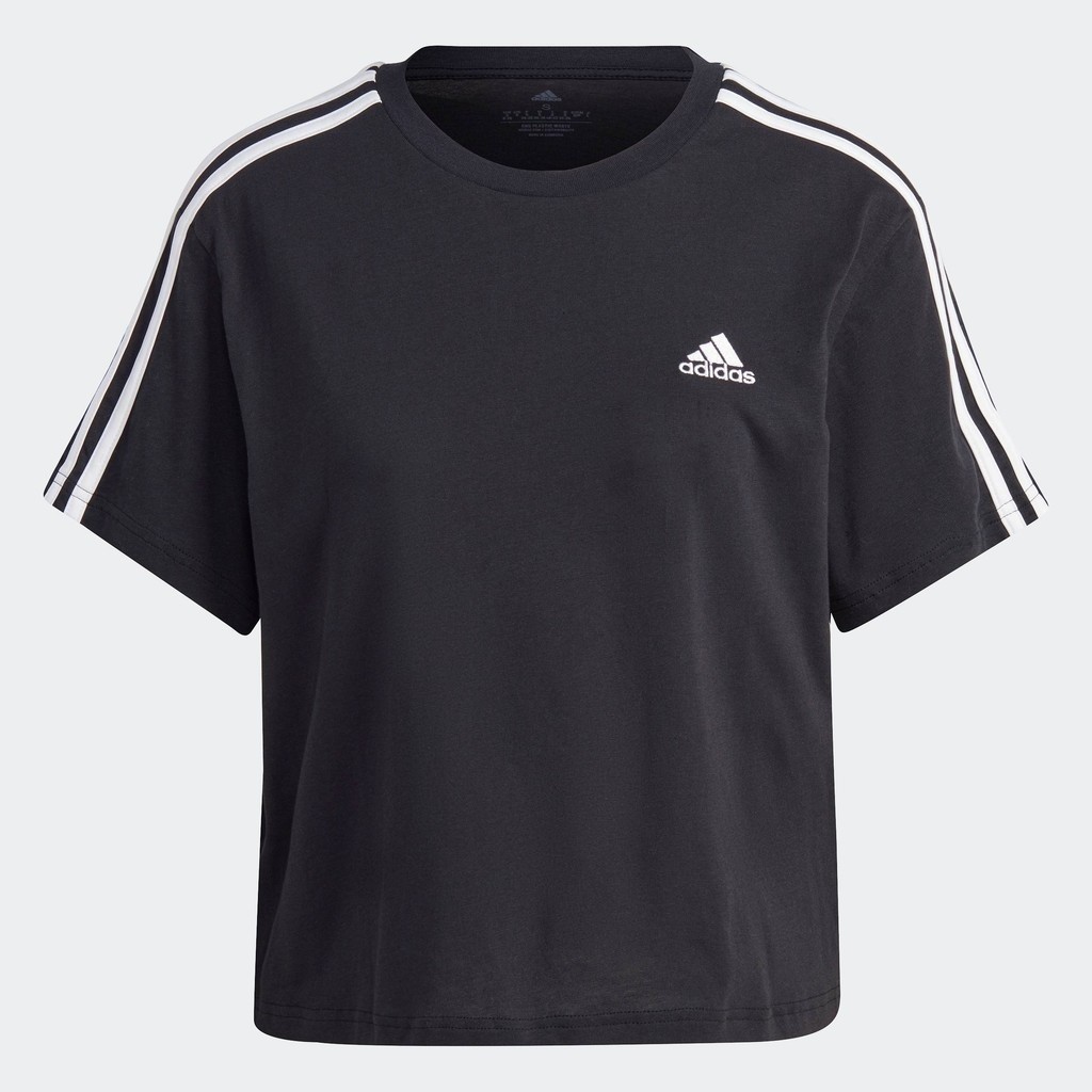 adidas ไลฟ์สไตล์ เสื้อครอปผ้าซิงเกิลเจอร์ซีย์ Essentials 3-Stripes ผู้หญิง สีดำ HR4913