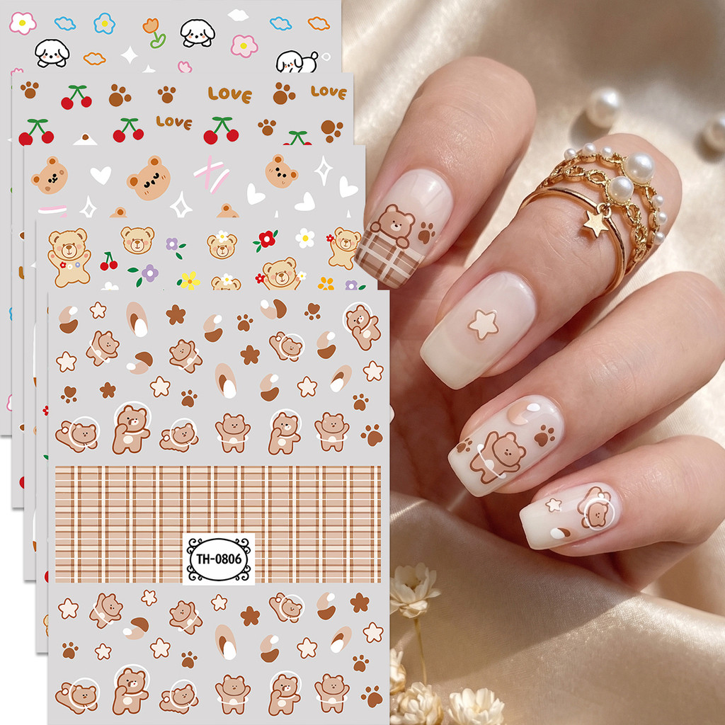 HAMA สติกเกอร์เล็บเกาหลีสไตล์ Kawaii ลายหมีเชอร์รี่แมวดํา Puppy 3D กาวเล็บ Decals สไตล์ฝรั่งเศส DIY