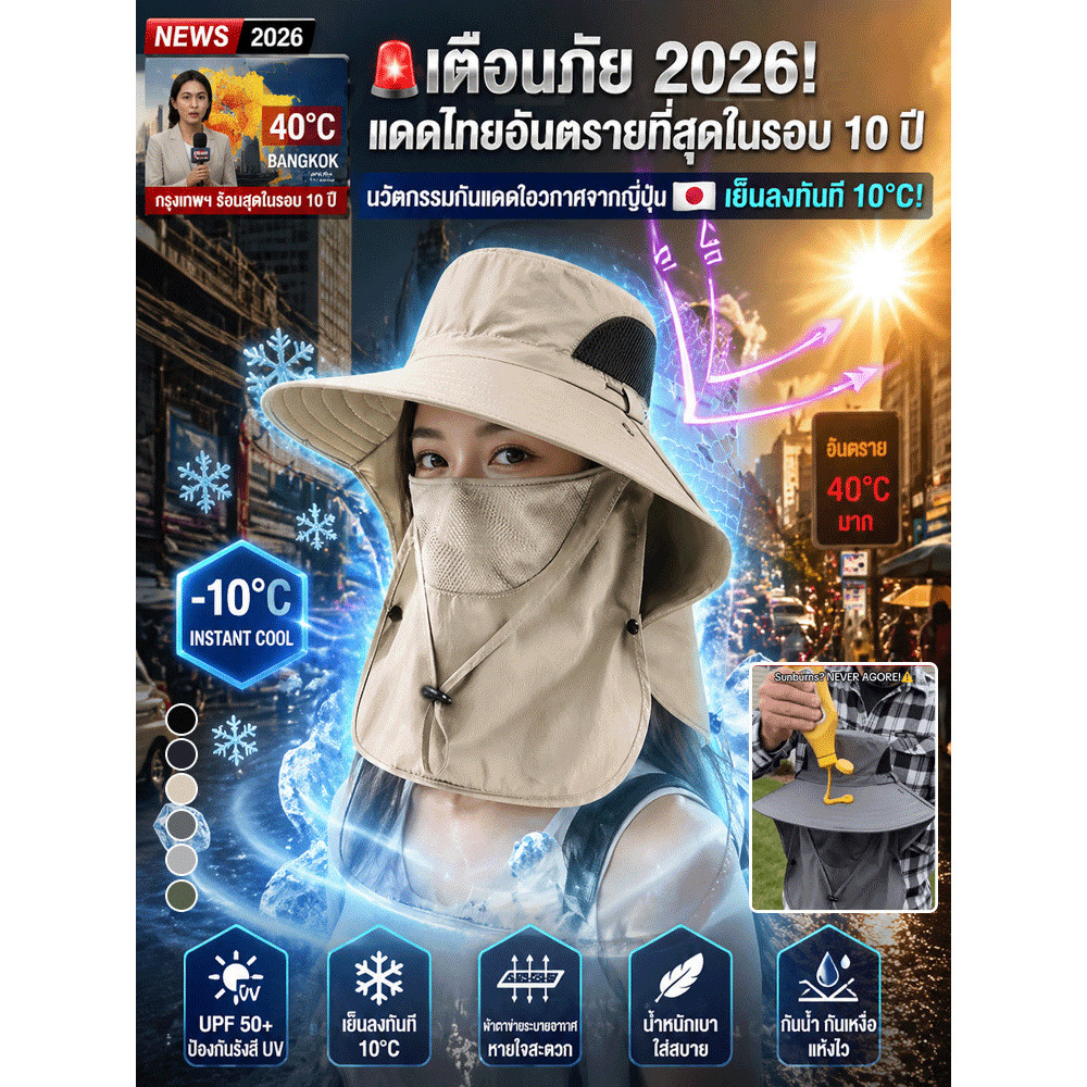 【360°ป้องกัน】หมวกป้องกันแดด/หมวกแห้งเร็ว/หมวกตกปลาแบบหมวกปีกกว้าง/หมวกปีนเขา