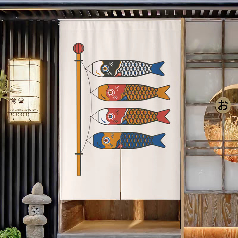 ผ้าม่าน Koi Fish & Daruma Fortune Noren, ม่านพาร์ทิชันตกแต่งบ้านญี่ปุ่น