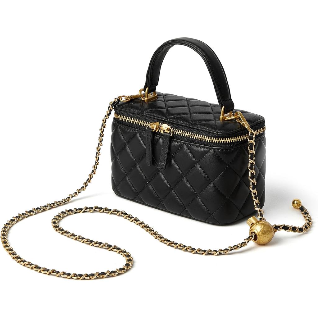 DORIS&JACKYallQuiltedBoxCrossbodyPurseForWomen,LambLeatherMiniTopHandleToteBagWithChainStrap