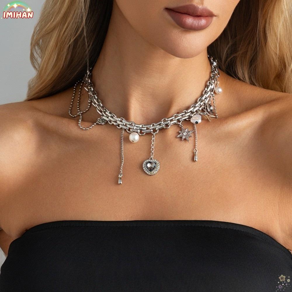 IMIHAN พู่ Choker, Fringe พู่โลหะห่อโซ่สร้อยคอจี้หัวใจ,หัวใจ Charm Designer ชั้นมุกเทียม Y2K Rivet Rivet เครื่องประดับ Grunge ความงาม
