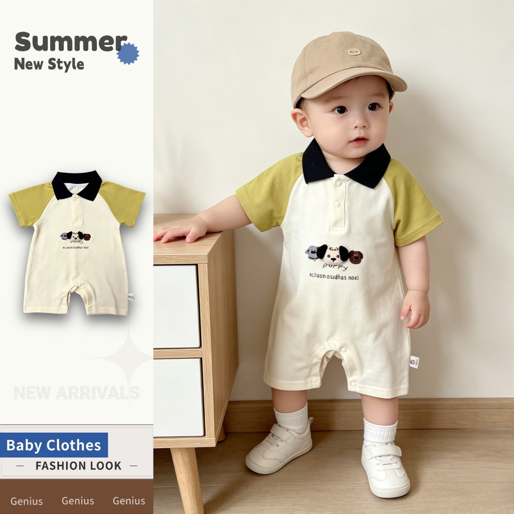 Polo Splicing แขนสั้น Jumpsuit ชายหญิง 0-28 เดือนเสื้อผ้าฤดูร้อนบาง Class A ผ้าฝ้าย Super หล่อสไตล์ลําลอง Romper