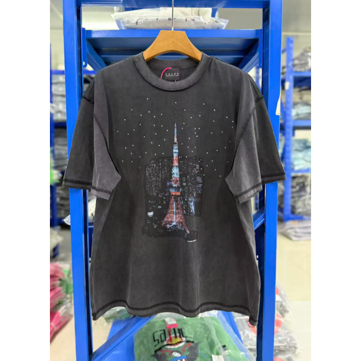 Rhinestone Tokyo Tower Starry Sky Graffiti Washed Distressed Short-Sleeved T @-