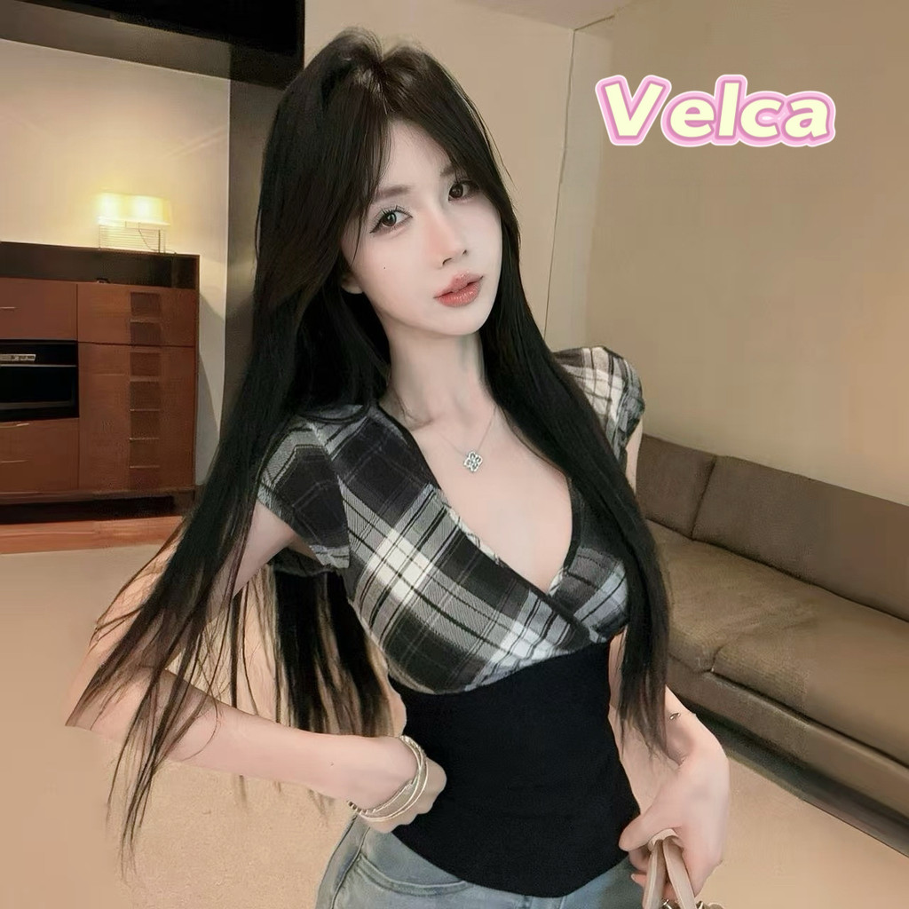 Velca ส่งไวจากไทย เสื้อท่อนบน แขนสั้น ลายตาราง การต่อเชื่อม สไตล์อเมริกัน น่ารัก แมทช์ง่าย