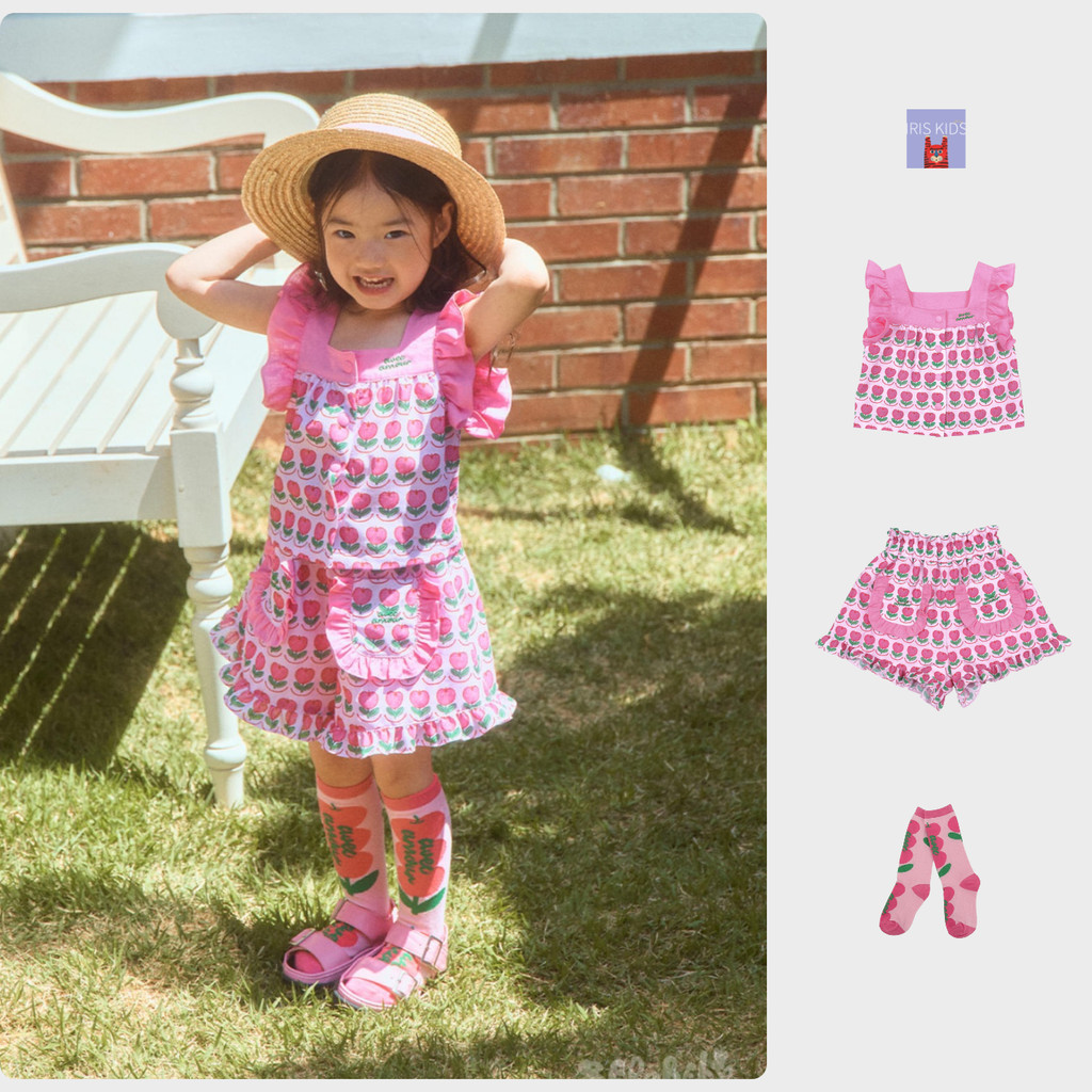 「สินค้าลิขสิทธิ์แท้」IRIS KIDS BEBEBE 26ss IKS260420 Candy Pink Ruffle เสื้อผ้าเด็ก ลายผลไม้สีชมพู เสื้อแต่งระบาย กางเกง