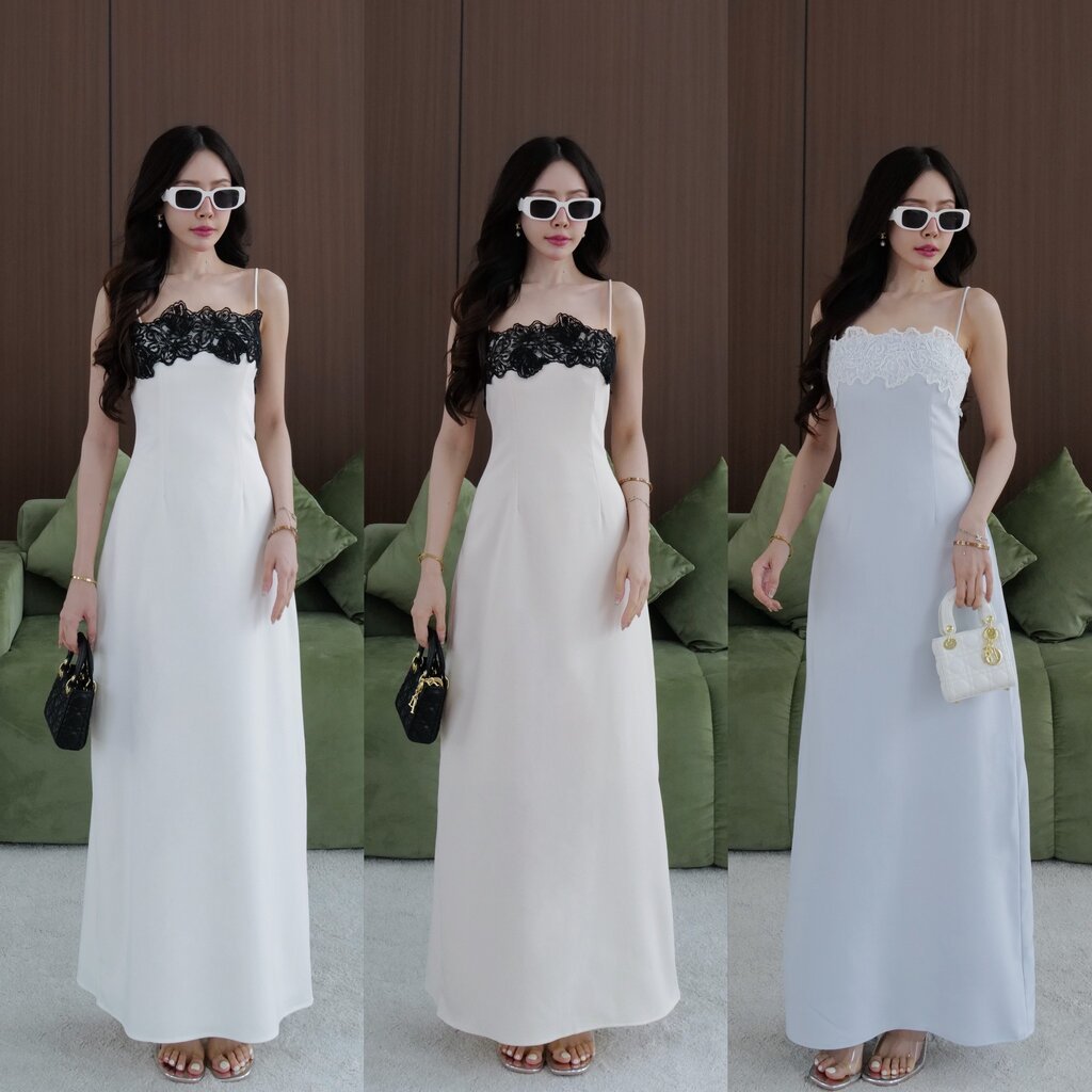 #6003 เดรสยาวสายเดี่ยว อกเหลี่ยม แต่งขอบลูกไม้ สายปรับได้ มีผ่าหลัง ใส่ชับใน intuon