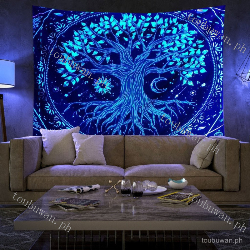Tapestry เรืองแสงสีฟ้า Luminous Tree Of Life ตกแต่งบ้านผ้าผ้าเช็ดตัวชายหาดเบาะ 36XF PGUA XLWE