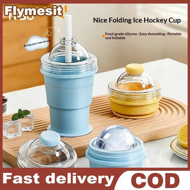 Flymesit ถ้วยลูกน้ําแข็งพร้อมฟางซิลิโคนพับได้เกรดอาหารเครื่องทําน้ําแข็งแม่พิมพ์สําหรับกีฬา Camping กลางแจ้งเครื่องดื่มเย็นเก็บ Solution EN