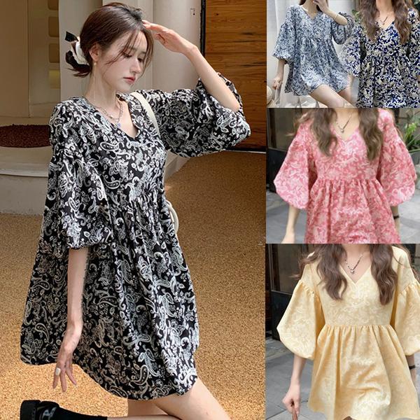 [สินค้าพร้อมส่ง]ชุดเดรสสั้น ลายดอกแขนพองสไตล์ย้อนยุคสำหรับผู้หญิง คอวี ทรงหลวม สำหรับผู้หญิง#99068