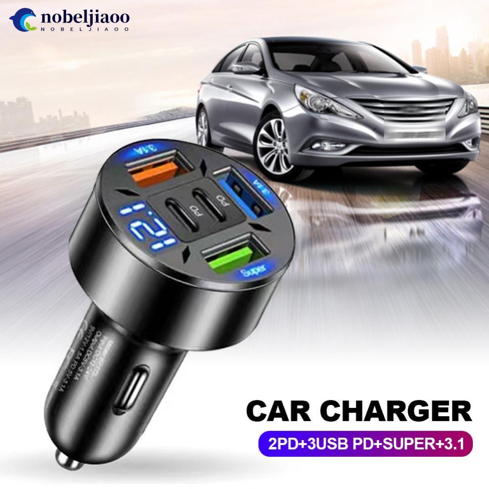 NOBELJIAOO 66W 3 พอร์ต USB Car Charger QC 3.0 USB Type-c Quick CHARGING 5-พอร์ตUSB A + USB C Fast CH