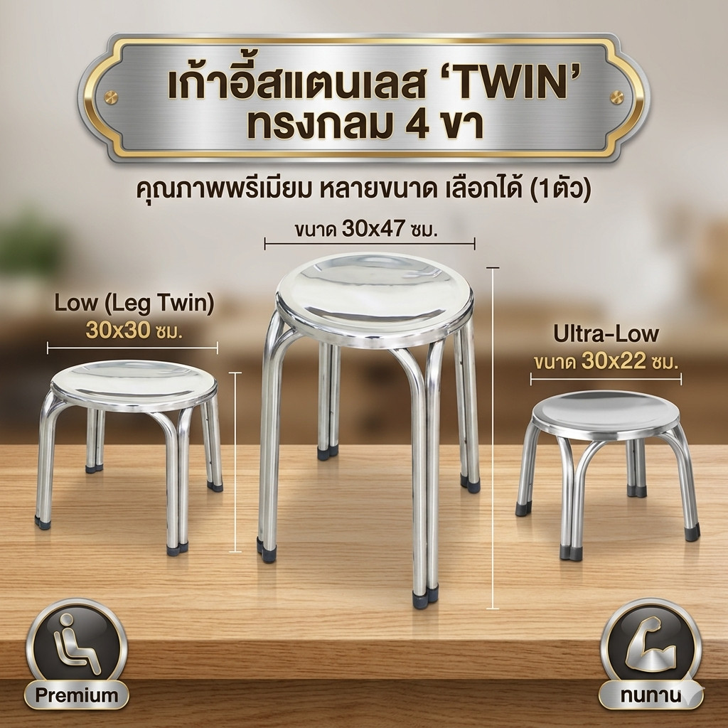 เก้าอี้สเเตนเลสทรงกลม 4ขา รุ่นTwin หลายขนาด เก้าอี้นั่ง (1ตัว)