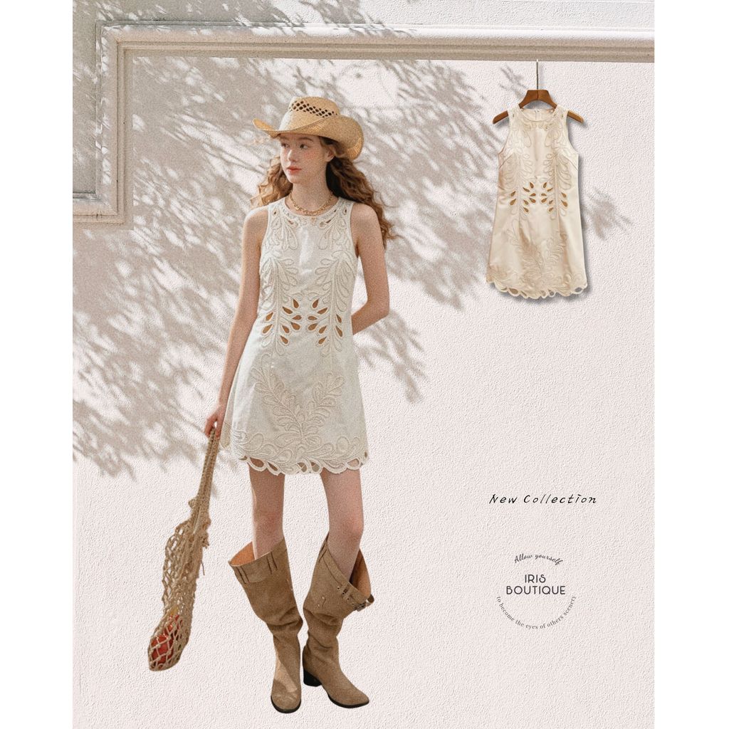 Original Design IRIS BOUTIQUE Summer Premium series ID73832 Aurelia Cutwork Mini Dress เดรสสั้นแขนกุดดีไซน์หวานละมุน